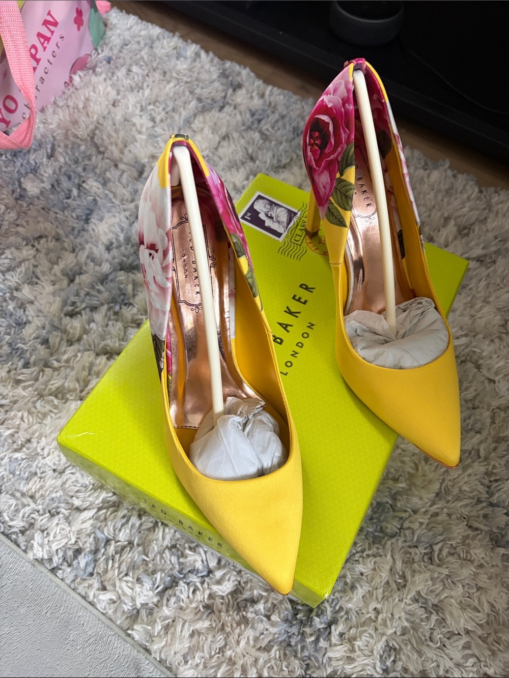 Ted Baker Yellow Pointed Toe Pumps with Pink Floral Heel - Picture 2 of 5